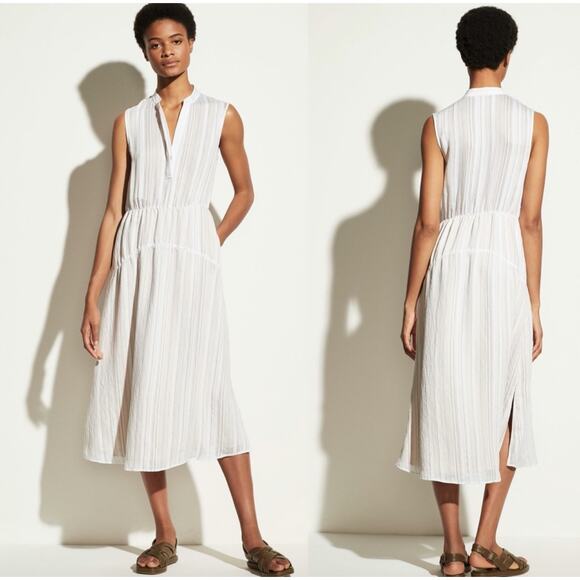 VINCE Drapey Striped Tiered Dress in Optic White Size 8 Quiet Luxury Chic Breezy - Picture 1 of 8